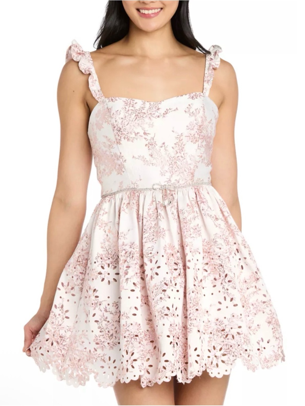 Morgan & Co Floral Metallic Jacquard Ruffle Strap Mini Dress Size 3 NWT